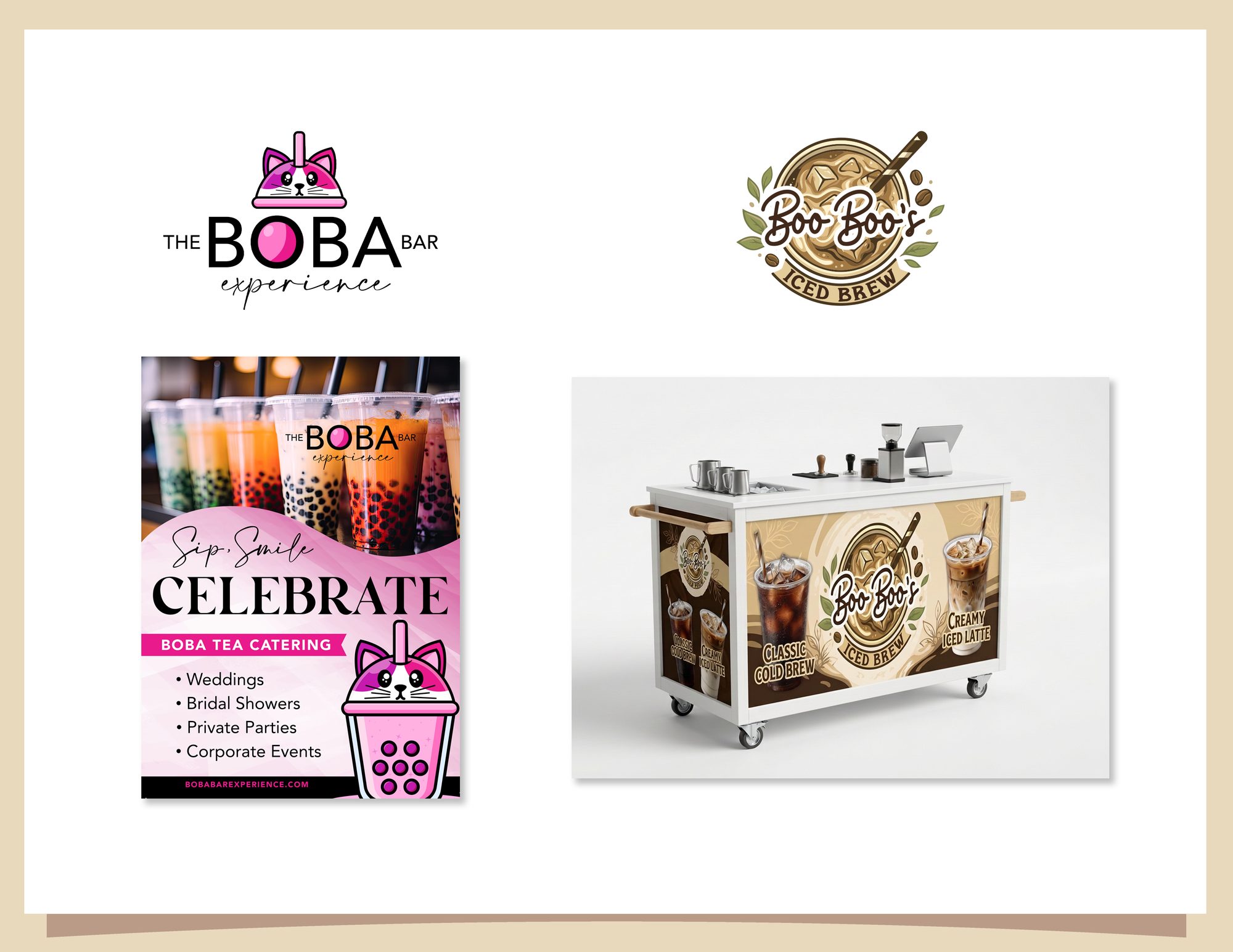 Brand identities and applications for The Boba Bar Experience and Boo Boo’s Iced Brew